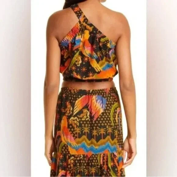 Farm Rio One Shoulder Crop Top Blouse Women Size S Linen - Picture 3 of 13